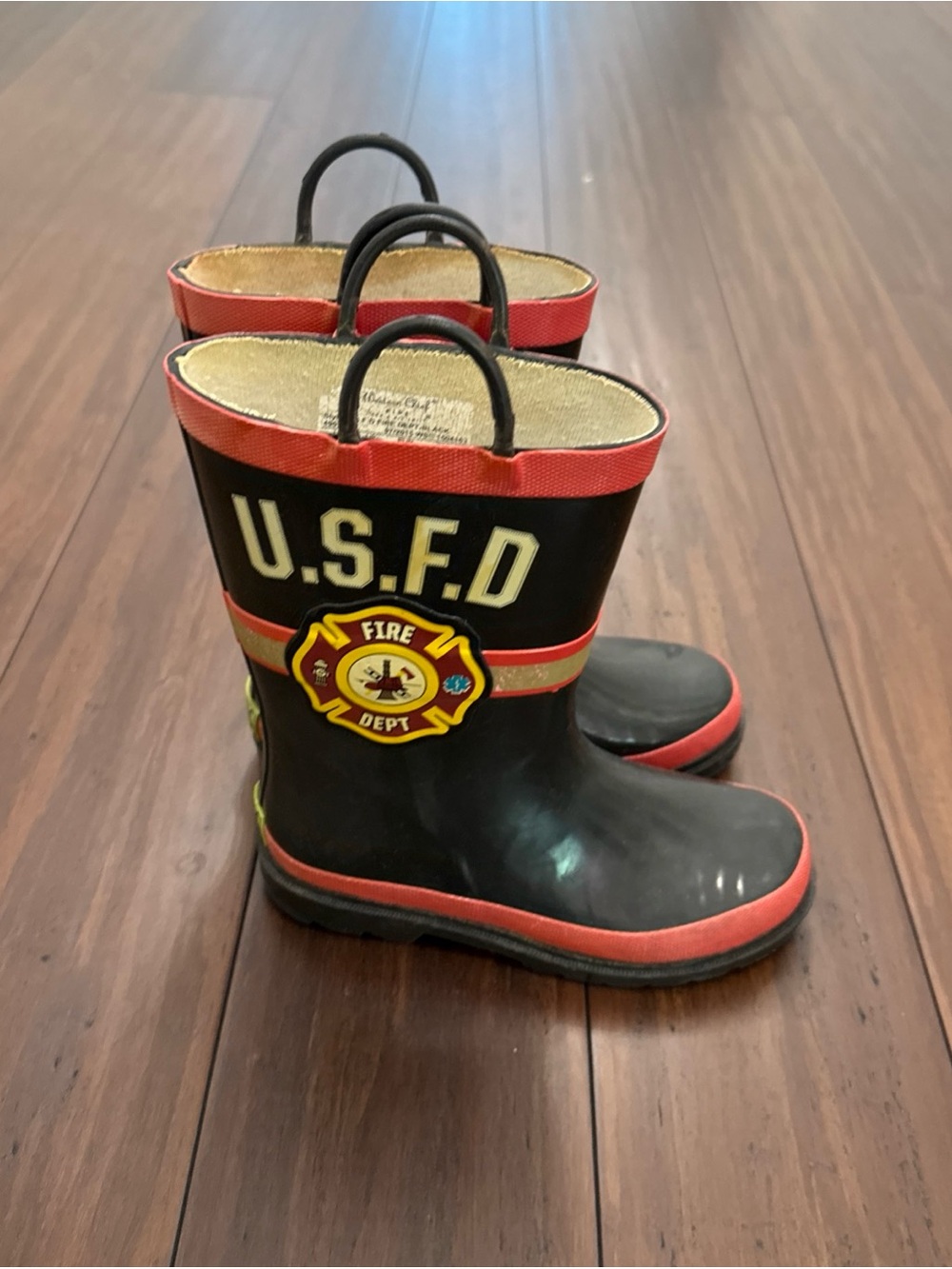 USFD Fire Dept Kids Black & Red Rain Boots Size 1